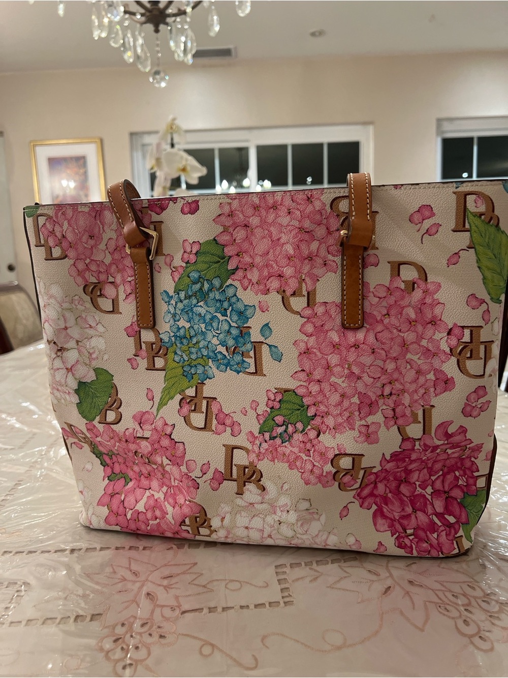 Dooney & Bourke Hydrangea Floral Tote | Pink Blue DB Logo Spring Garden Bag - Picture 2 of 11